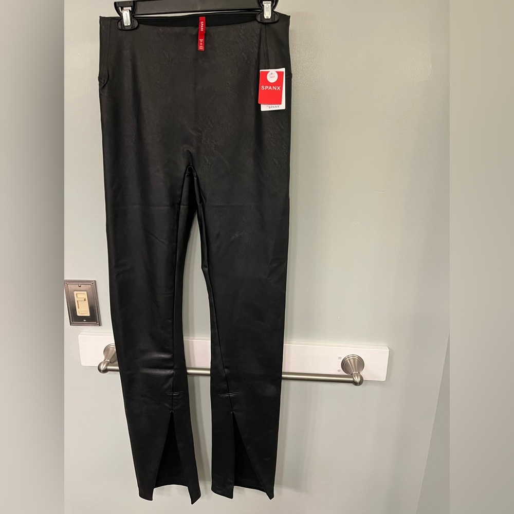 SPANX, medium TALL, leather like front slit legging, black